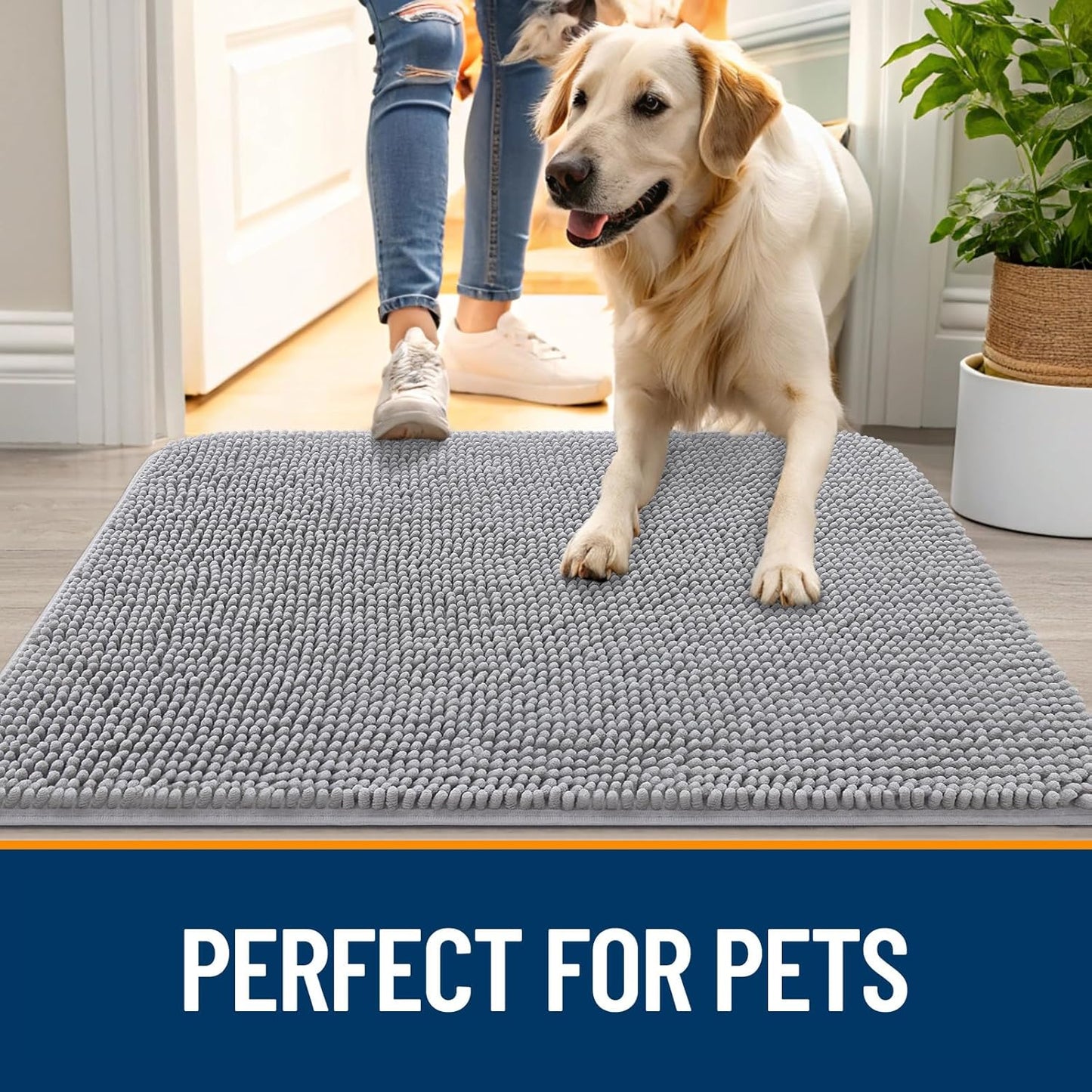 OLANLY Dog Door Mat for Muddy Paws 47x32, Absorbs Moisture and Dirt, Absorbent Non-Slip Washable Doormat, Quick Dry Chenille Mud Mat for Dogs, Entry Indoor Entryway Carpet for Inside Floor, Light Grey