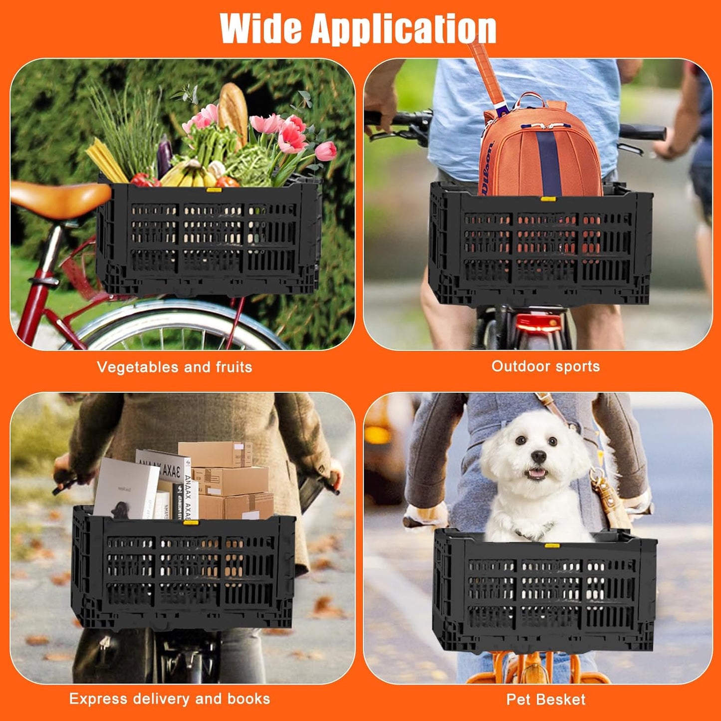 YEEGO DIRECT Bike Basket Rear, Folding Large Capacity Rear Bike Baskets, Collapsible Bicycle Storage Bike Milk Crate Rear Rack,Waterproof Cover for Shopping,Outings,Pets E-Bike Accessories (Black)