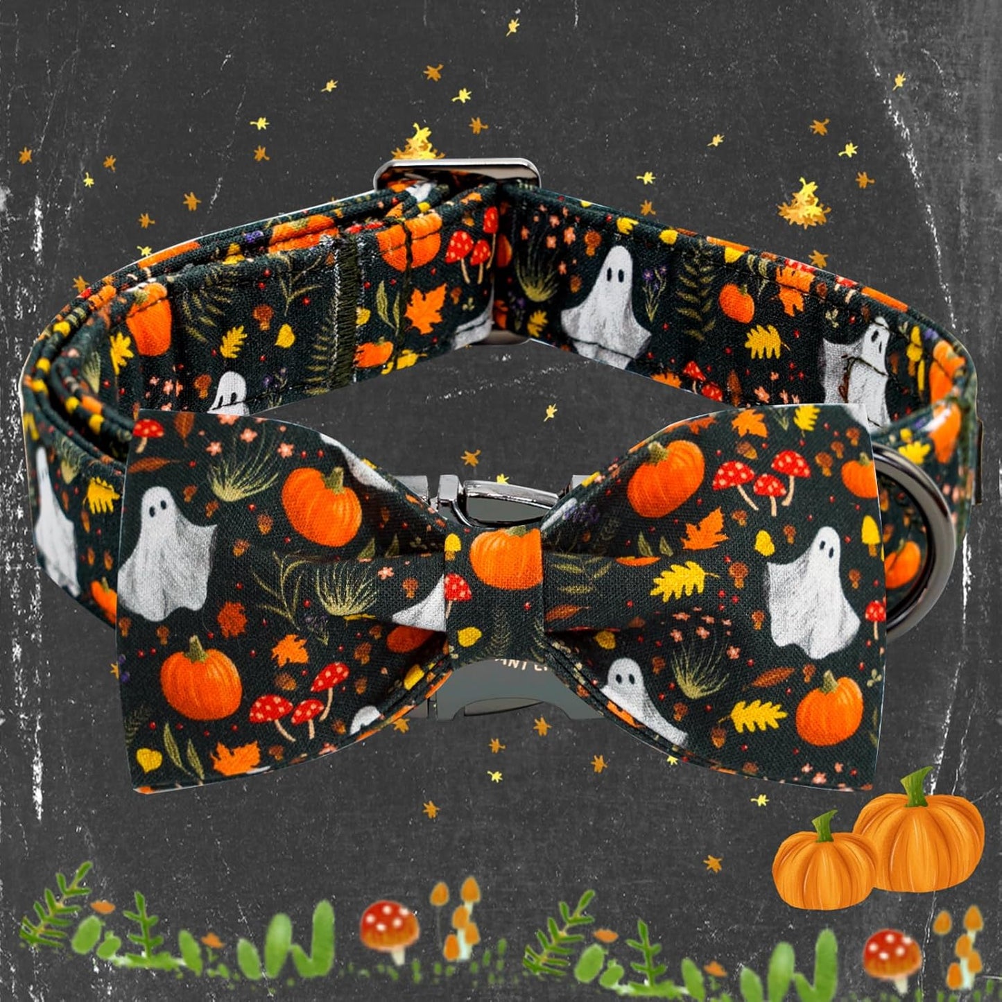 Elegant little tail Fall Dog Collars, Ghosts Pumpkin Print Halloween Pet Collar Puppy Male Cotton Dog Collar with Bow Adjustable Collars for Small Medium Large Dogs