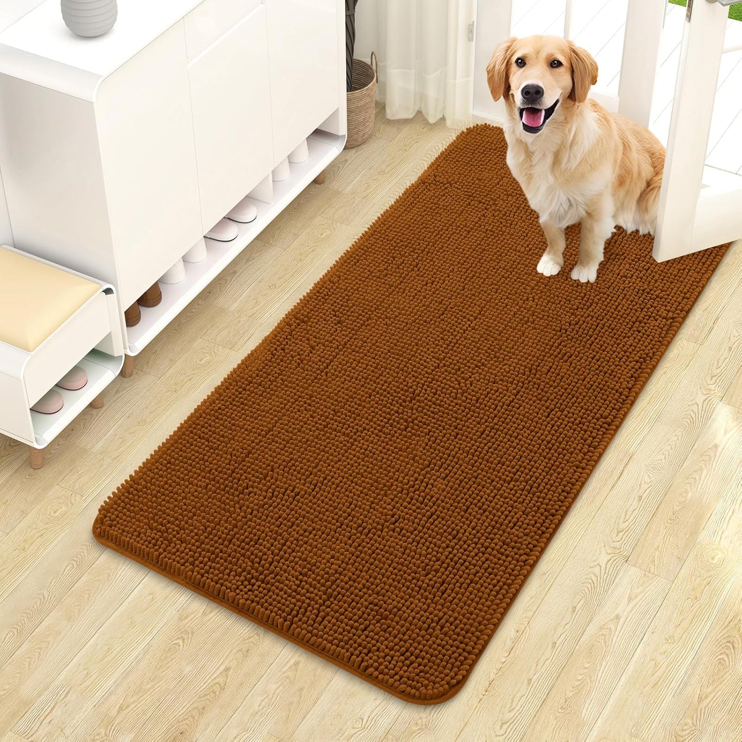 OLANLY Dog Door Mat for Muddy Paws 44x24, Absorbs Moisture and Dirt, Absorbent Non-Slip Washable Doormat, Quick Dry Chenille Mud Mat for Dogs, Entry Indoor Entryway Carpet for Inside Floor, Ochre