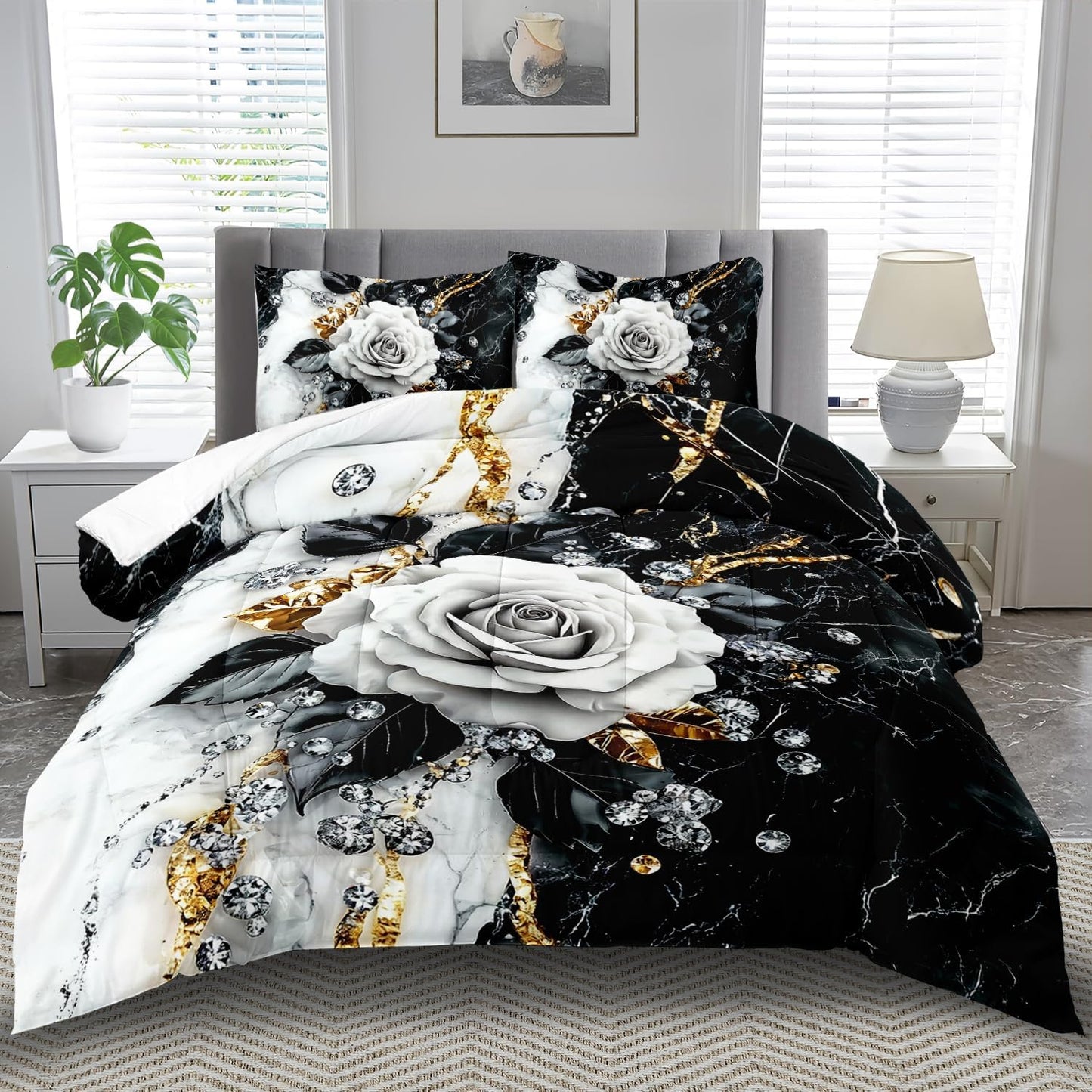 Marble Floral Comforter Set for Twin Bed Women,Vintage Flower Bedding Set Twin,White and Black Comforter Rose Quilt for Girls,Rose Bedding Floral Bedroom Decor Adults