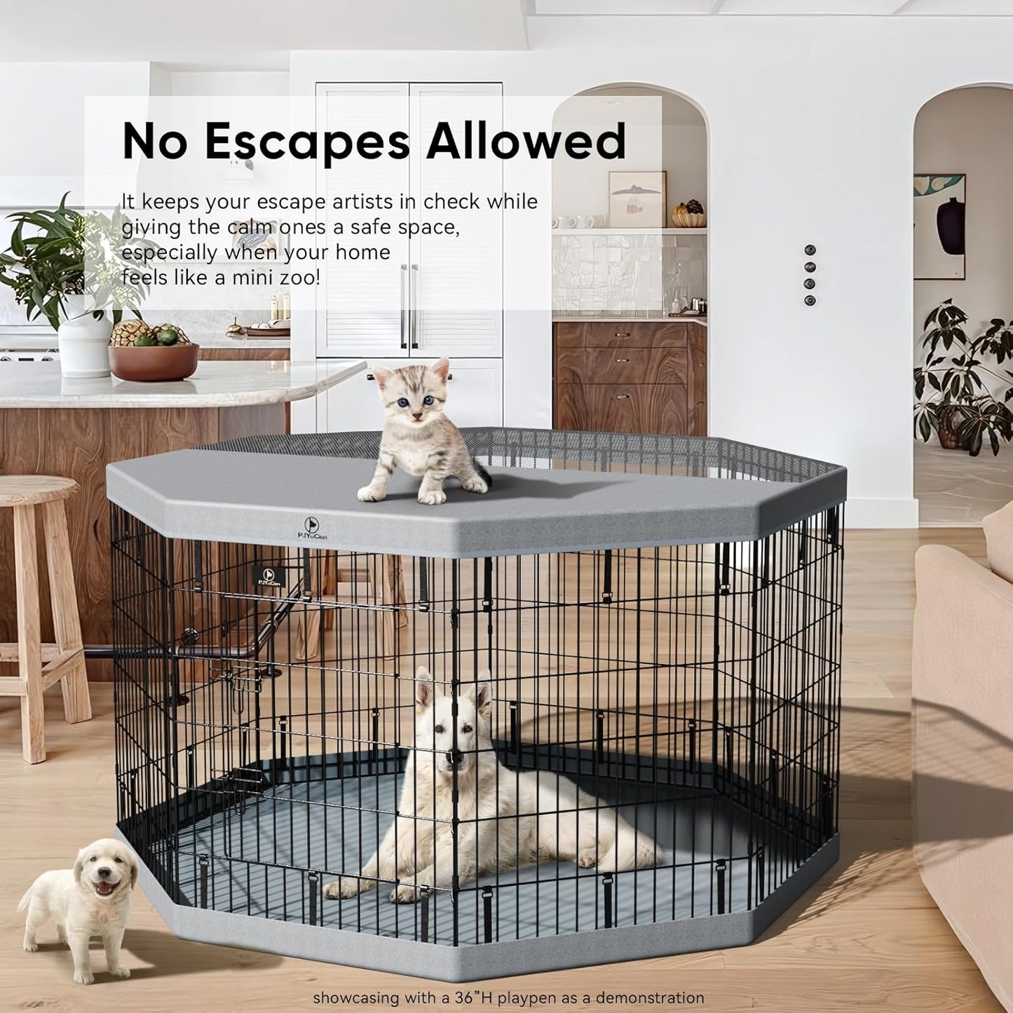 PJYuCien Dog Playpen, 8 Panels 42”H Dog Playpen Indoor with Grey Bottom Pad and Top Cover, Metal Foldable Dog Pen for Indoor Use, Better for Small Medium Animals, Grey