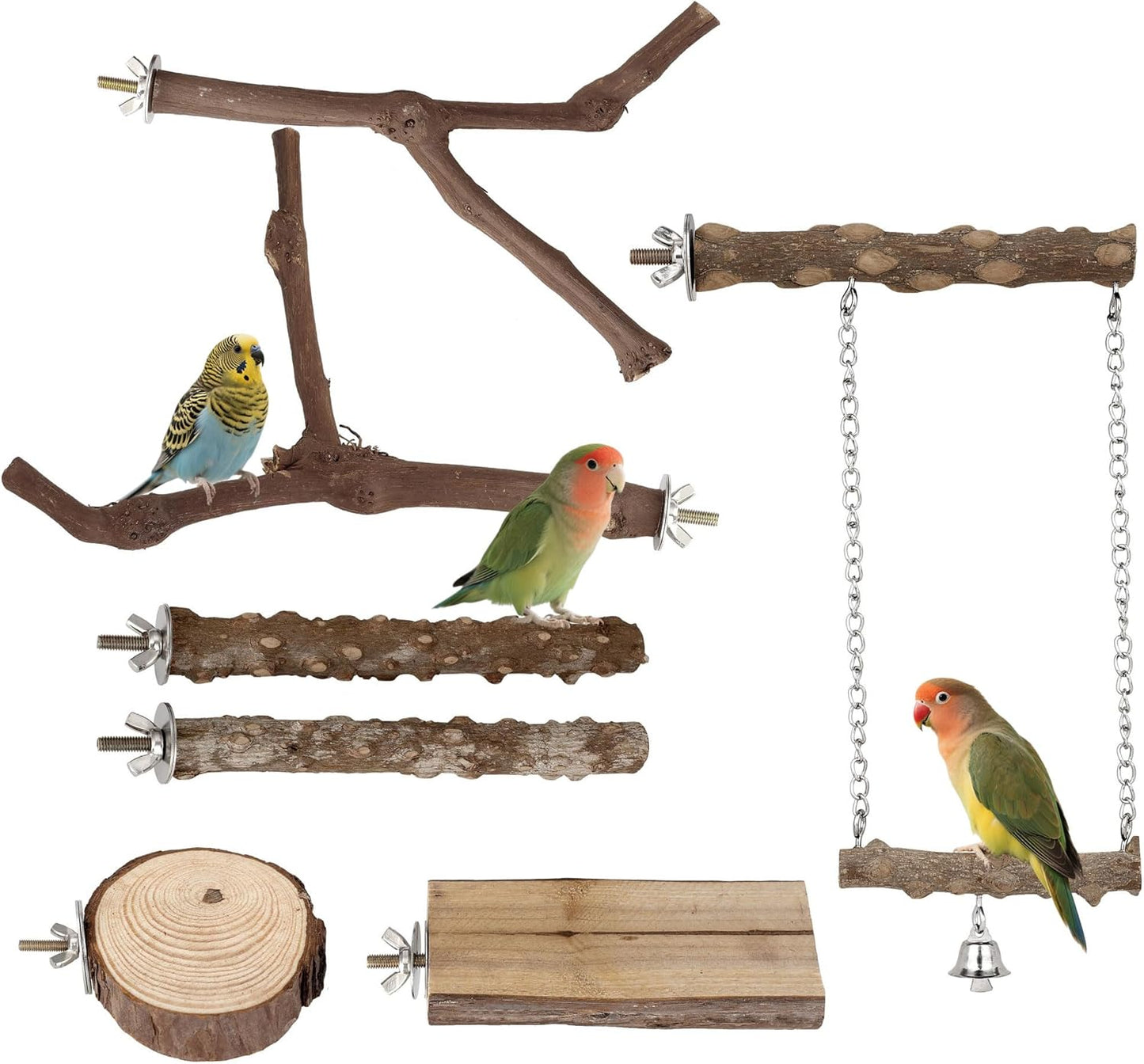 7PCS Bird Perches, Natural Wood Parrot Perch Stand, Bird Perch Chewing Stick Cage Accessories Hanging Multi-Branch Perch Platform Swing Toy for Parakeets, Cockatiels, Small Medium Birds