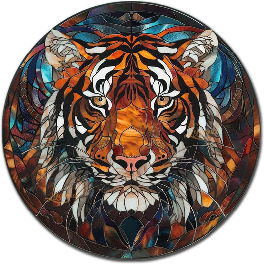 Lygond Metal Sign Tin Sign Circular Stained Glass Tigle Tin Signs Gardening for Yard 12×12 Inches