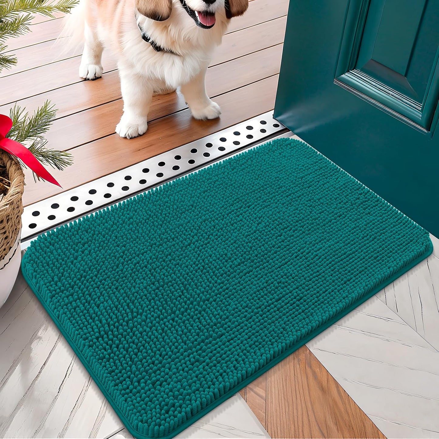 OLANLY Dog Door Mat for Muddy Paws 24x16, Absorbs Moisture and Dirt, Absorbent Non-Slip Washable Doormat, Quick Dry Chenille Mud Mat for Dogs, Entry Indoor Entryway Carpet for Inside Floor, Lake Blue