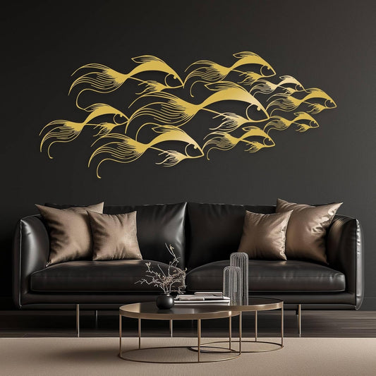 School of Fish Metal Wall Art, Metal Fish Wall Decor, Sea Life Wall Art, Large Nautical Wall Hanging, Modern Beach House Wall Decor, Ocean Themed Artwork for Bathroom (Gold, 53"x22" | 135x57cm)