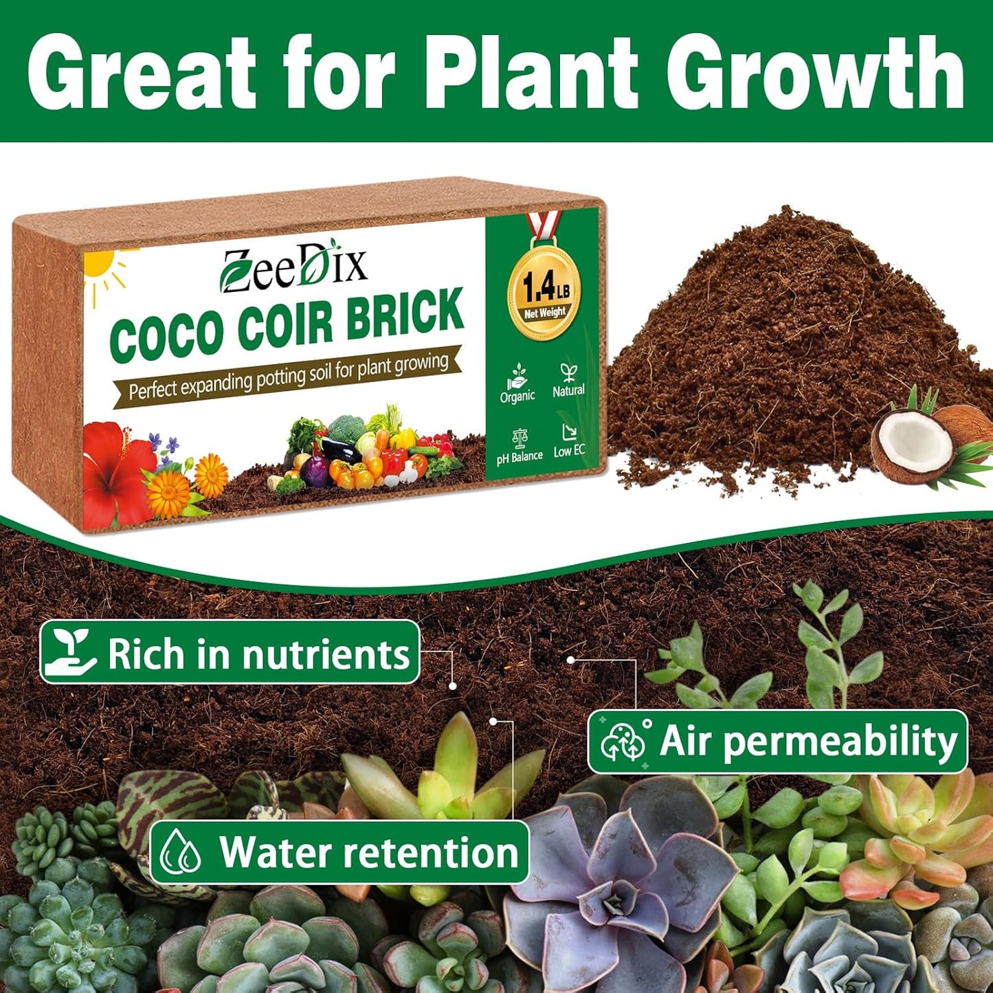 ZeeDix 10 Pcs Compressed Coco Coir Brick for Plants, Premium Organic Coconut Coir Bricks Coco Fiber Substrate Coco Coir Fiber Potting Soil with Low EC and pH Balance for Planting Gardening Reptiles