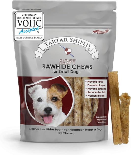 Tartar Shield Soft Rawhide Chews | Safe Dental Treats for Small Dogs | Vet VOHC Approved | Daily Bone Cleans Teeth & Gums Fresh Breath Oral Health Support | USA Made | (Small Dogs / 30 Count)