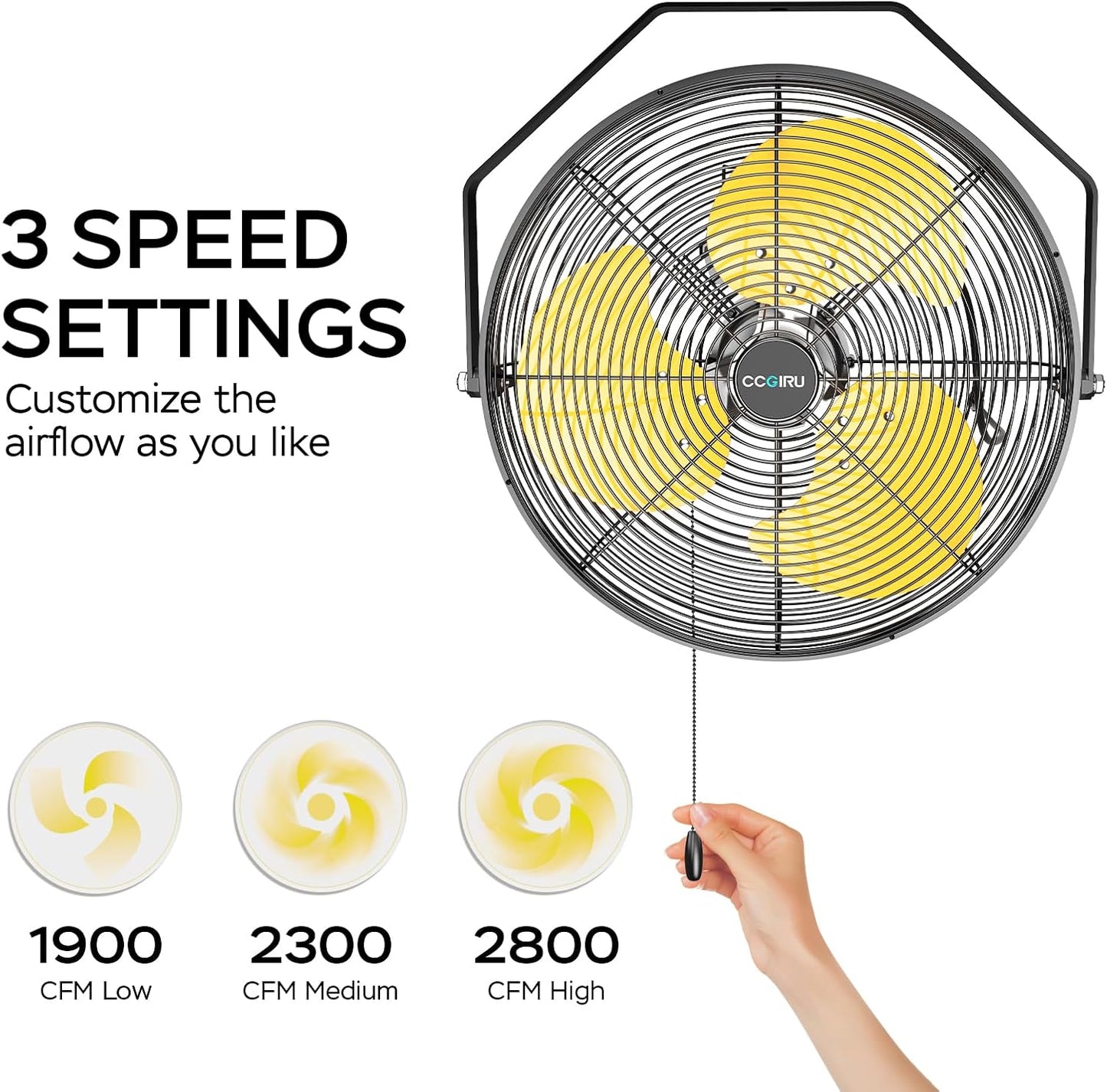 2800 CFM 12" Industrial Wall Mount Fan, High Velocity 3-Speed Professional Metal Wall Mounted Fan with Sealed Motor, Heavy Duty Fan Indoor for Covered Patio, Greenhouse, Gazebo, and Garage, UL Listed