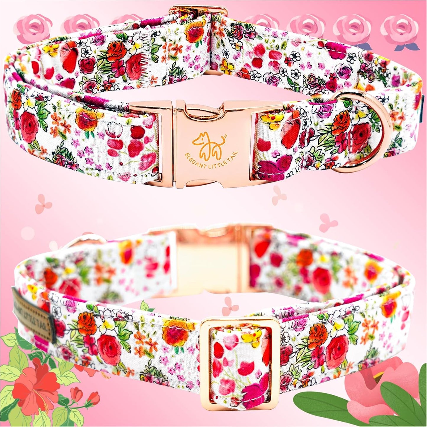 Elegant little tail Dog Collar, Pink Rose Print Pet Collar Summer Dog Collar Durable Metal Buckle Dog Collars Cotton Pet Adjustable Dog Collars for X-Large Dogs