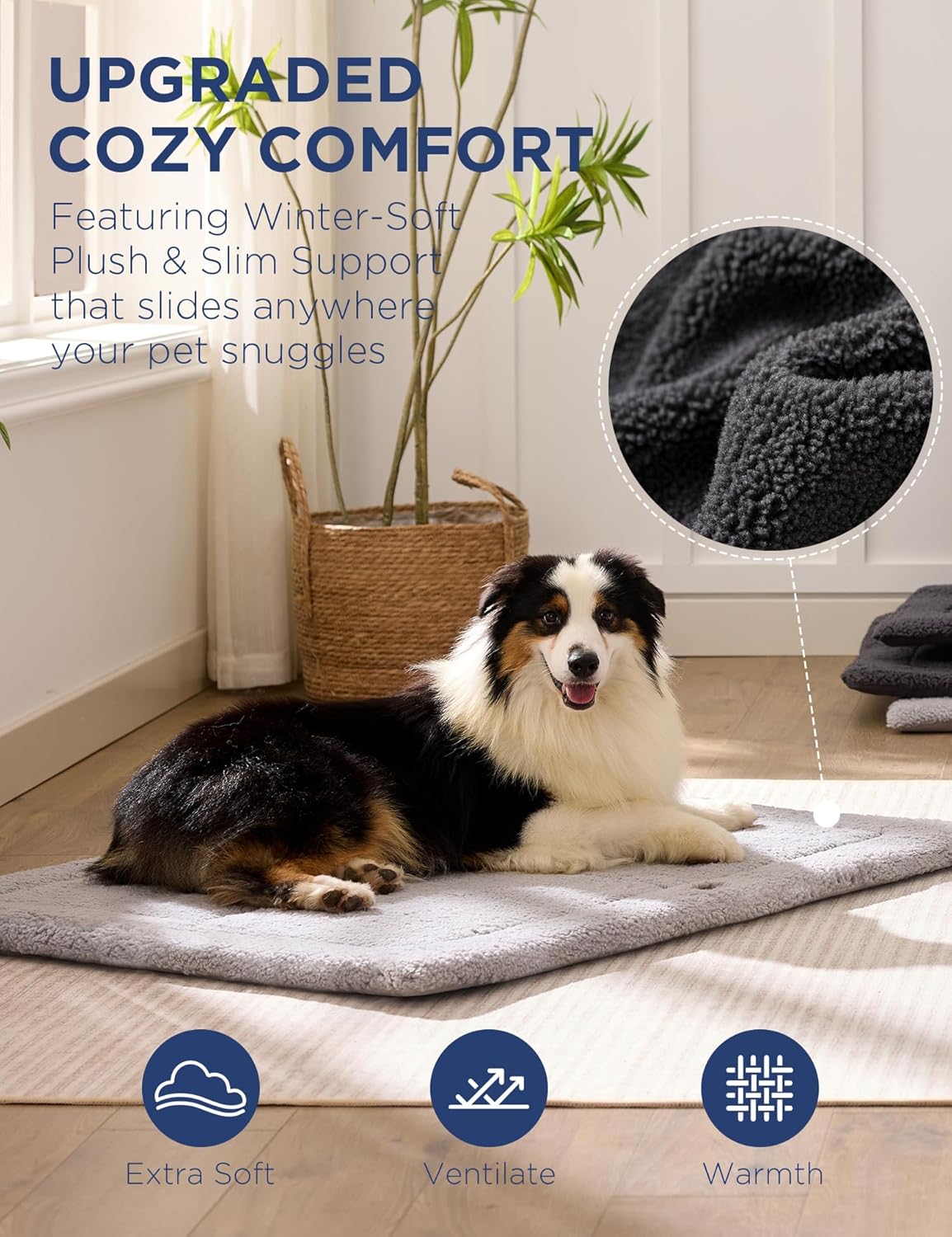 Joydeco Low Profile Dog Crate Mat Reversible Bed Pad, Washable Dog Pad Mat with Ultra Soft Fleece, Compact Design Kennel Beds Mats for Extra Large Jumbo Medium Small Pets, 48" x 30" Gray