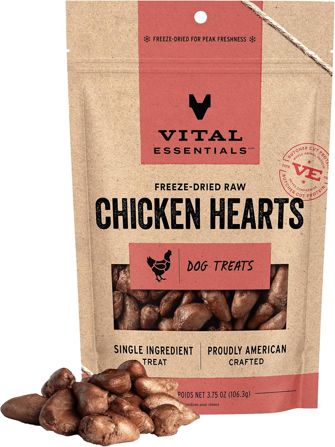 Vital Essentials Chicken Hearts Dog Treats, 3.75 oz | Freeze-Dried Raw | Single Ingredient | Premium Quality High Protein Training Treats | Grain Free, Gluten Free, Filler Free