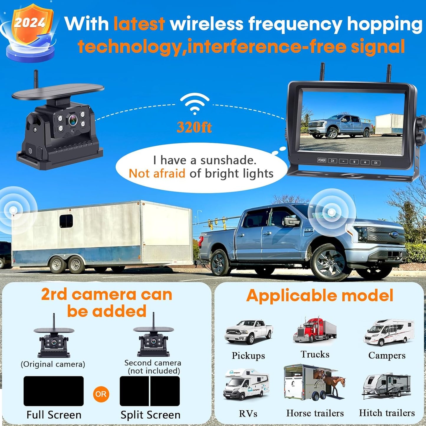 Wireless Backup Camera for RV Install-Free 7-Inch: Magnetic HD 1080P Recording Solar Rear View Camera No-Delay Signal with Touch Button Monitor System Y08