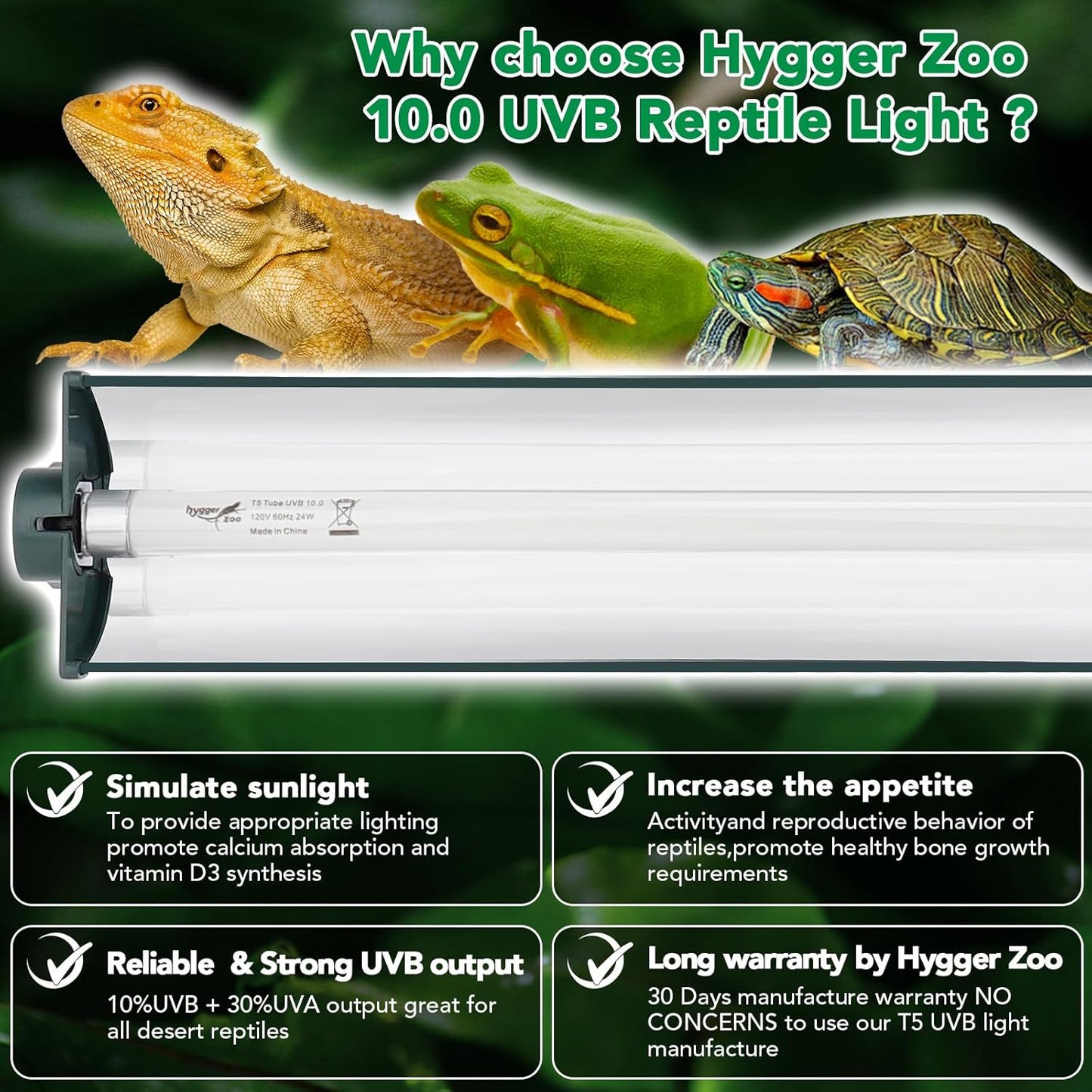 T5 Reptile Light Fixture Green Combo Kit 8W Light Fixture Reptile Terrarium Hood 10.0 UVB Light Bulb Fluorescent Tube Ideal for Tropical and Deserts Such as Bearded Dragon Lizards and Tortoises