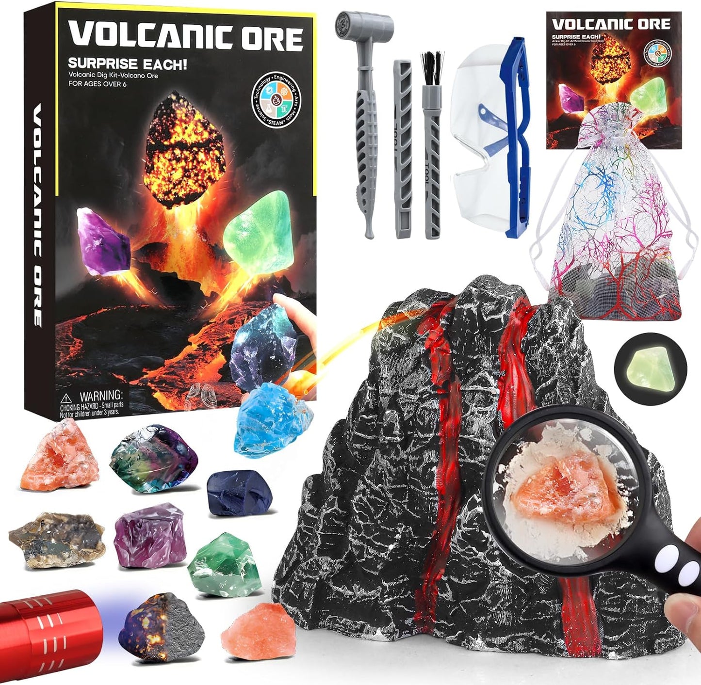 Volcano Dig Kit - 10 Rocks Excavation Kit, Gemstone Rocks for Kids, Fossil Volcano Toys Dig Kits for Rocks Collection, Volcano Toys for Boys Girls 6 and up Year Old Birthday Gifts