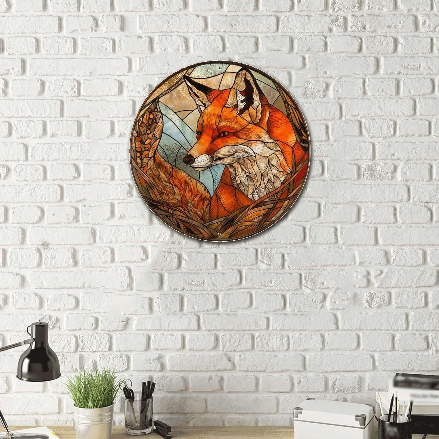 Lygond Metal Sign Tin Sign Circular Stained Glass Fox Gardening Decor Gift for Bar 8×8 Inches
