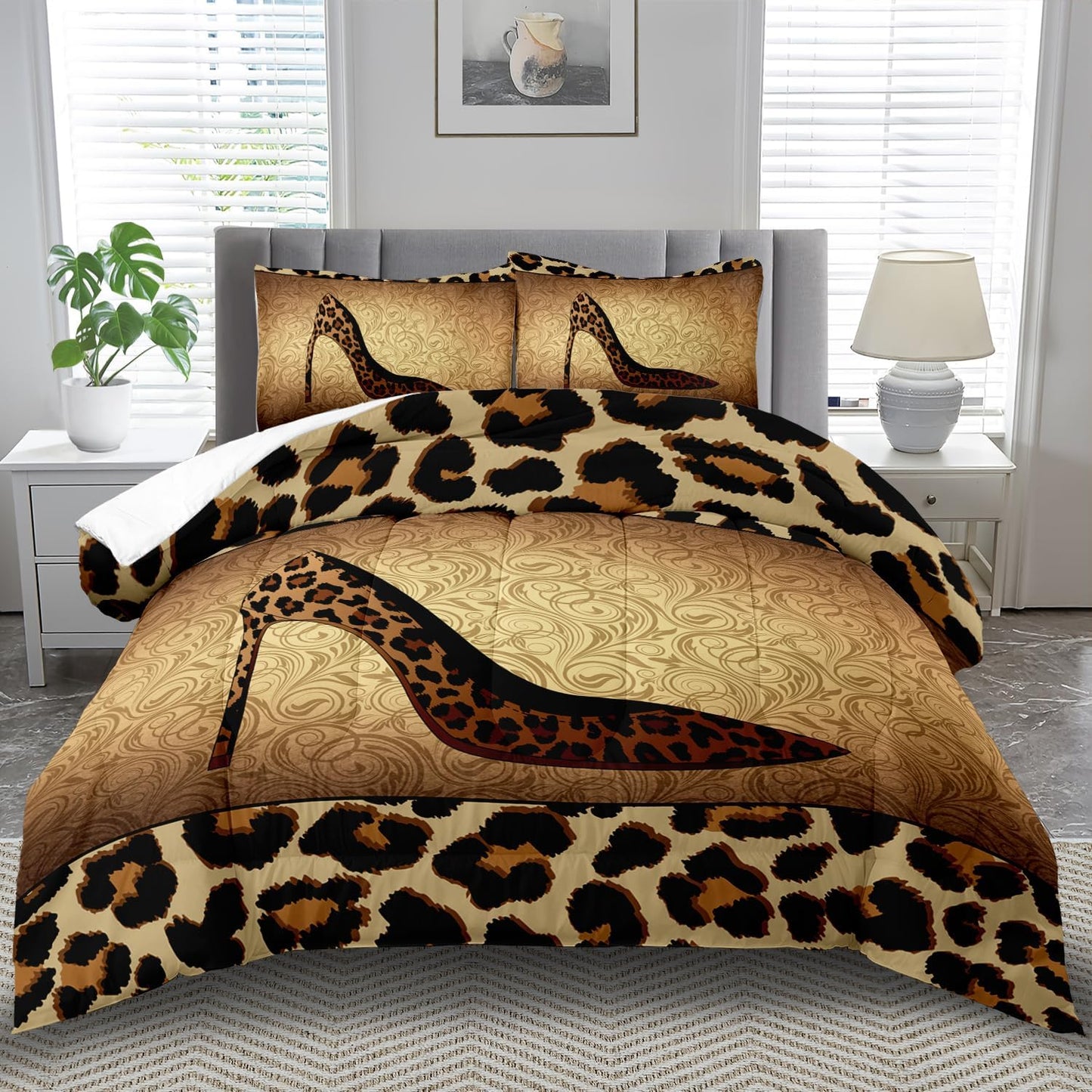 Leopard Comforter Set Twin Girls,Sexy High Heel Comforter for Women,Leopard Print Bedding Set Twin Adult,High Heel Quilt Bedroom Decor,African Animal Print Bedding Quilt