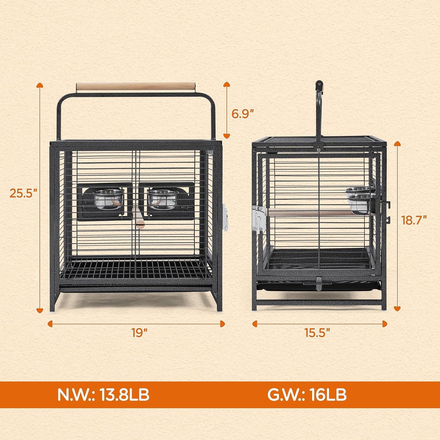 Yaheetech 25.5'' Wrought Iron Bird Travel Carrier Cage Parrot Cage with Handle Wooden Perch & Seed Guard for Small Parrots Canaries Budgies Parrotlets Lovebirds Conures Cockatiels