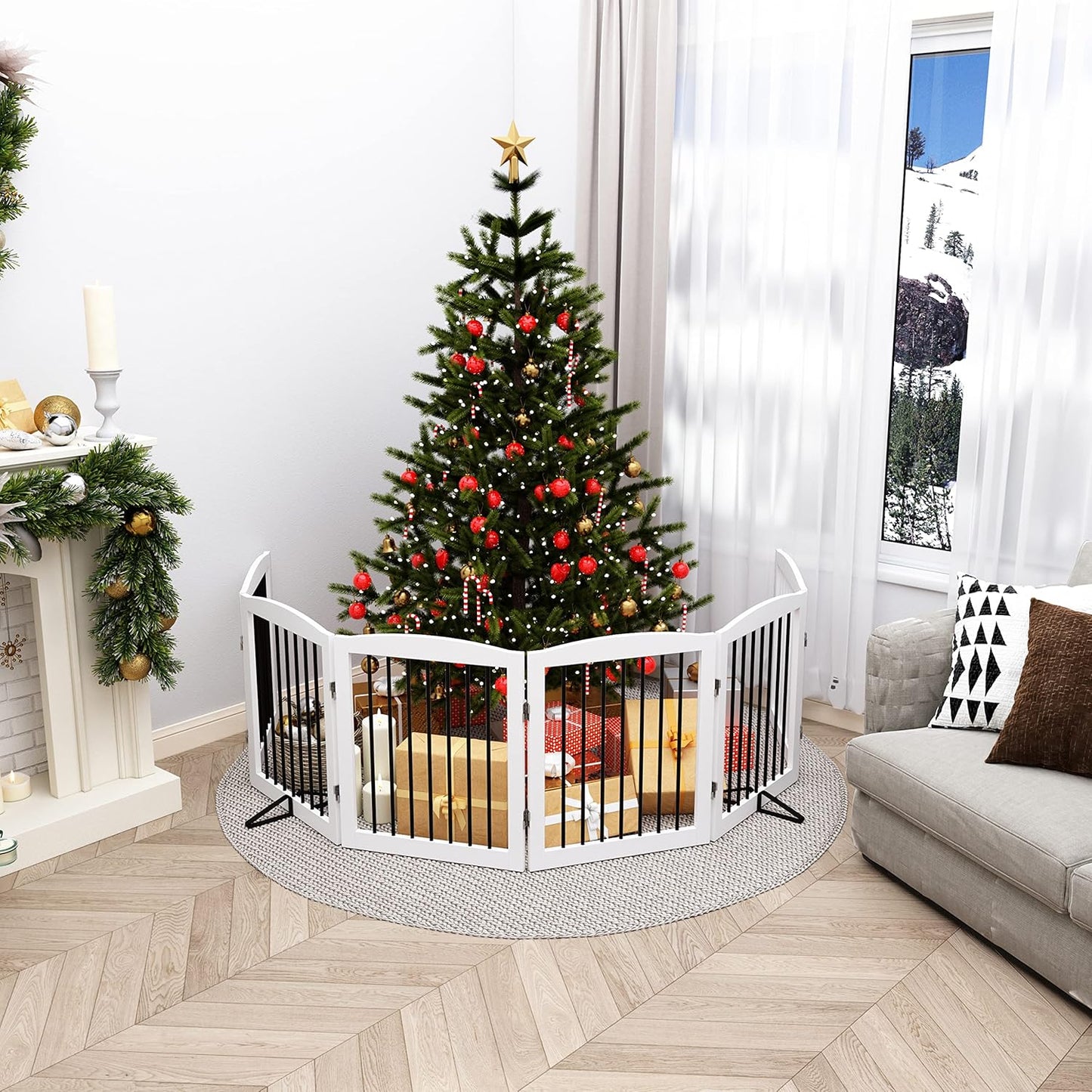 Freestanding Pet Gate for Dogs, Foldable Wooden Dog Gate for House, Extra Wide Indoor Pet Barrier for Stair, Doorway, Hall, Support Feet Included, 120 Inch Wide, 6 Panels 24", White