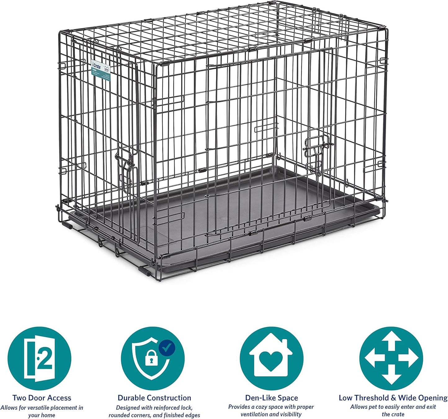 MidWest Homes for Pets 30-Inch Two-Door iCrate Folding Dog Crate with Divider Panel, Leak-Proof Tray & Secure Latches – Metal Wire Kennel for Medium Breeds – Portable, Durable & Easy to Assemble