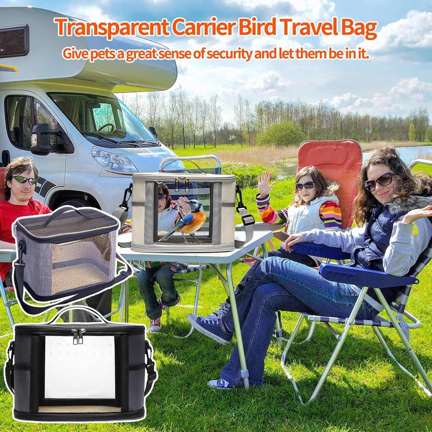 Bird Travel Carrierm, Small Bird Travel Backpack Carrier Cage with Tray and Breathable Clear Window, for Parakeet Cockatiel Budgies, for Camping Hiking (Beige)