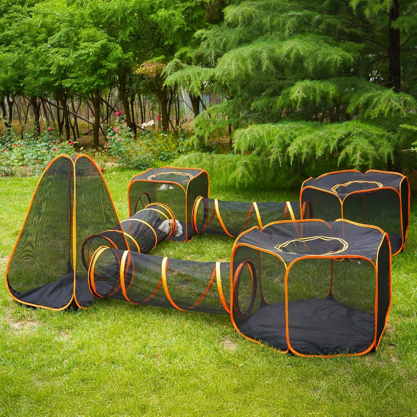 7 in 1 Outdoor Cat Enclosure, Foldable Pop-Up Mesh Playpen Tunnel for Pet Run, Foldable Outside Enclosed Tent Cage for Small Dogs, Rabbit and Other Animals