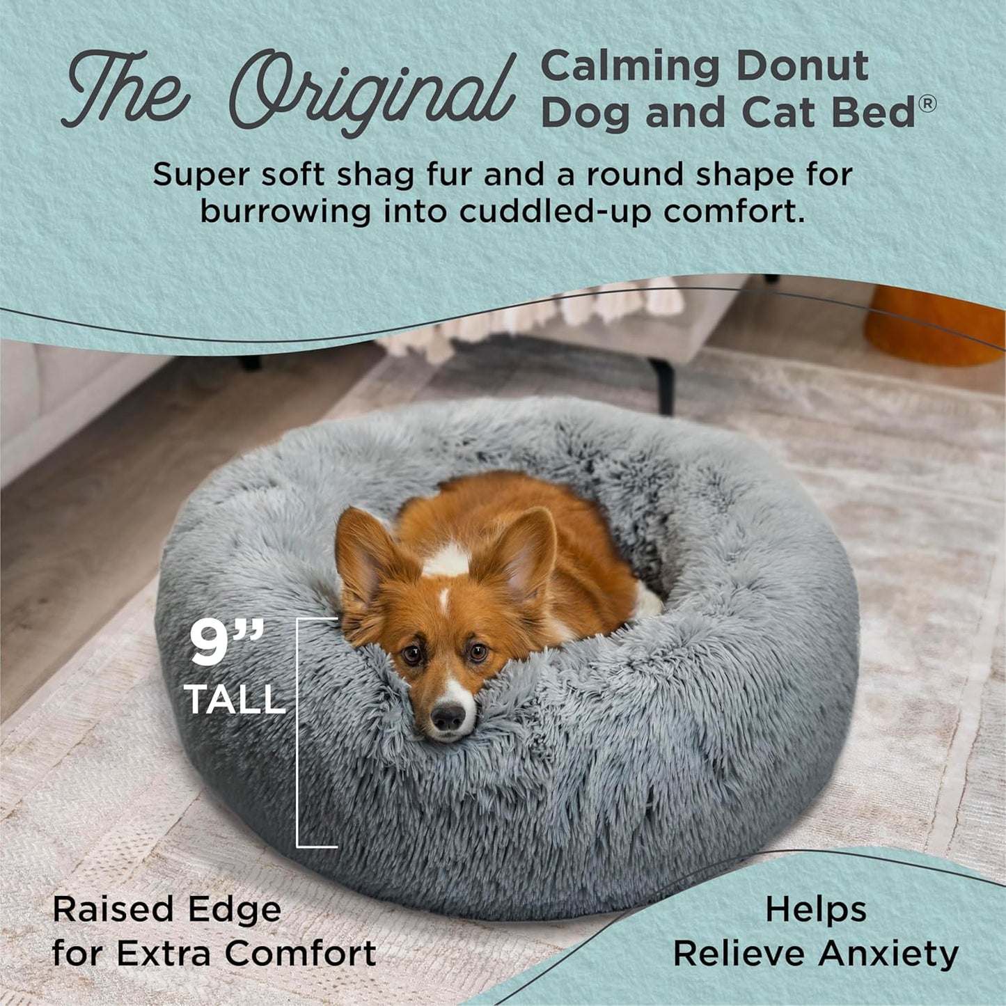 Best Friends by Sheri Original Calming Donut Dog and Cat Bed, Shag Faux Fur, Gray, (23in x 23in) - Anxiety Relief for Pets Up to 25 lbs