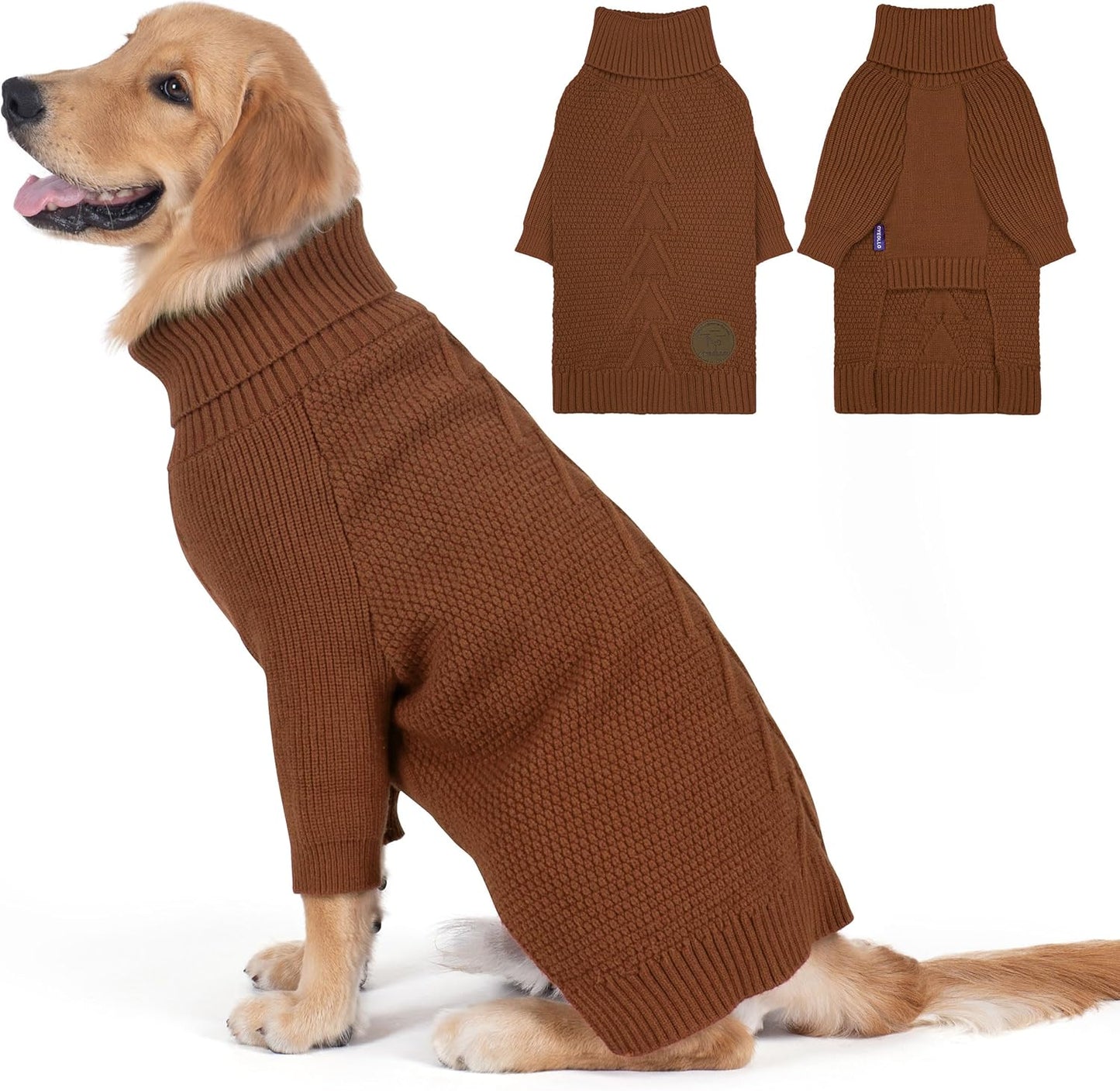 cyeollo 2XL Dog Sweater, Warm Stretchy Sweaters for Large Dogs Boy, Pullover Knitted Thermal Winter Big Dog Clothes with Sleeves, Turtleneck Pet Beagle Border Collie Apparel, Brown XXL