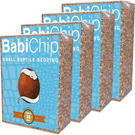 BabiChip Coconut Chip Substrate for Reptiles 4 Pack of 36 Quart Loose Small Sized Coco Husk Chip Bedding for Ball Pythons, Snakes, Tortoises, Geckos, Frogs, or Lizard Terrarium Tanks