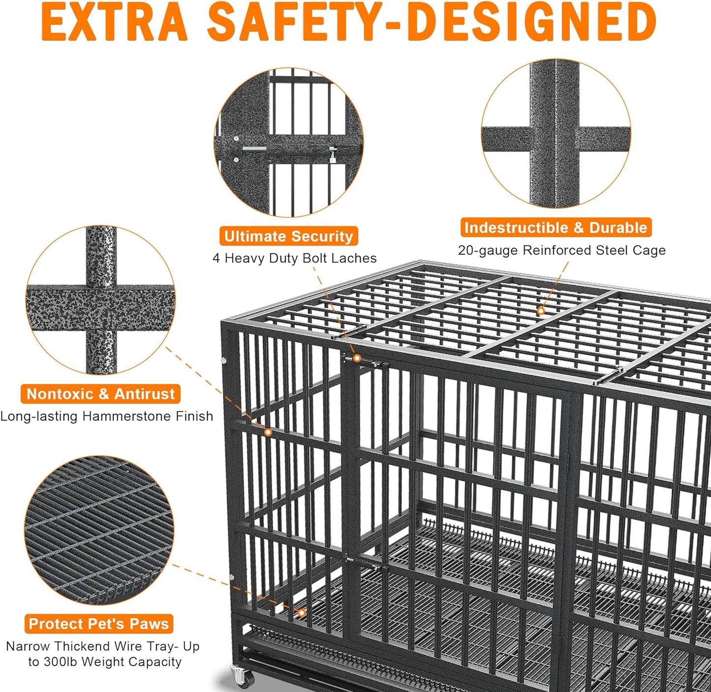 54/48/42/38 Inch Heavy Duty Dog Crate Cage with Wheels, Indestructible and Escape Proof Steel Kennel Indoor for High Anxiety Dogs with Sturdy Locks, Double Door and Tray, Extra Large XL XXL