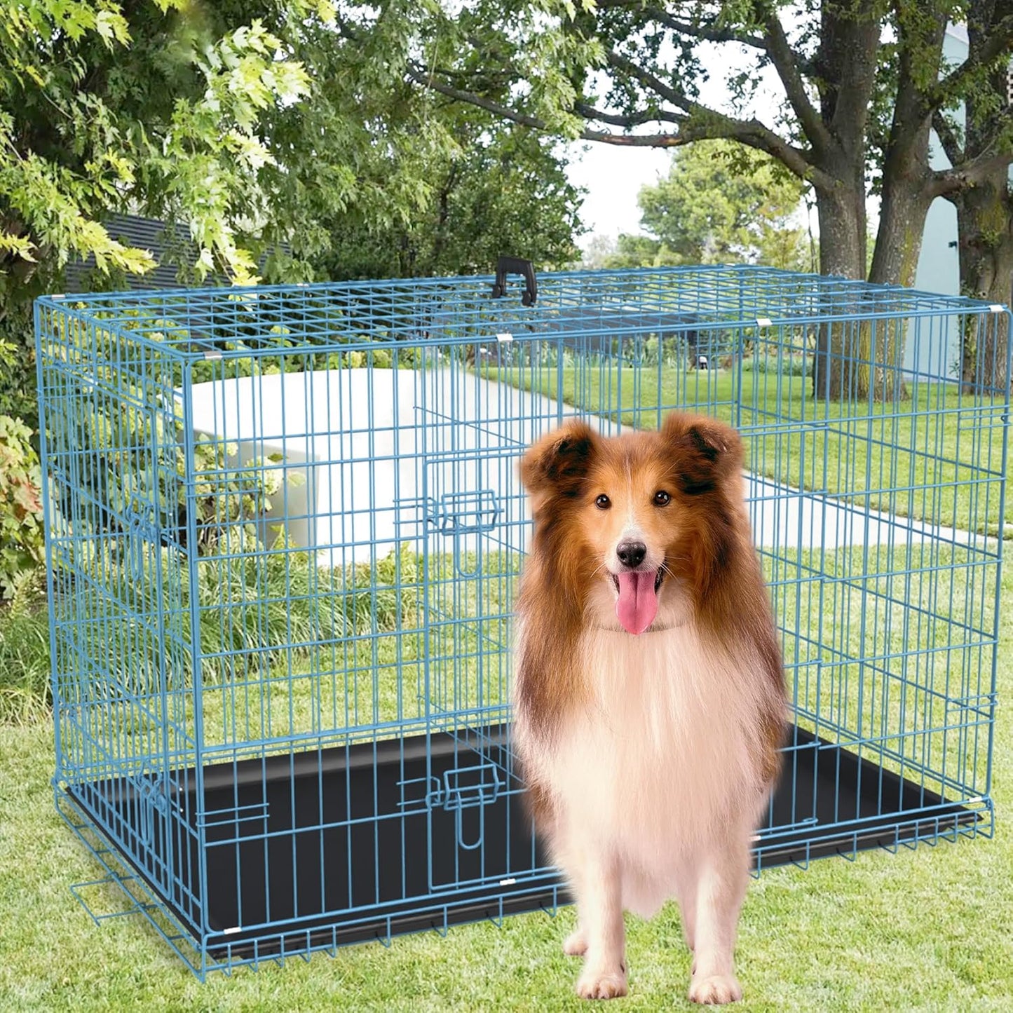 FDW Dog Crate for Large Dogs 48 Inch Folding Metal WirePet Cage Double Door W/Divider Panel Indoor Outdoor Kennel Leak-Proof Plastic Tray,Blue