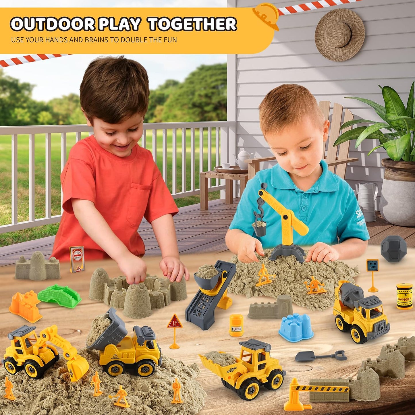 Asoxt 43-Piece Construction Sensory Playset – 2 lbs Play Sand, 4 DIY Trucks, Crane & Road Signs – Creative Sandbox Toy for Kids Ages 3+