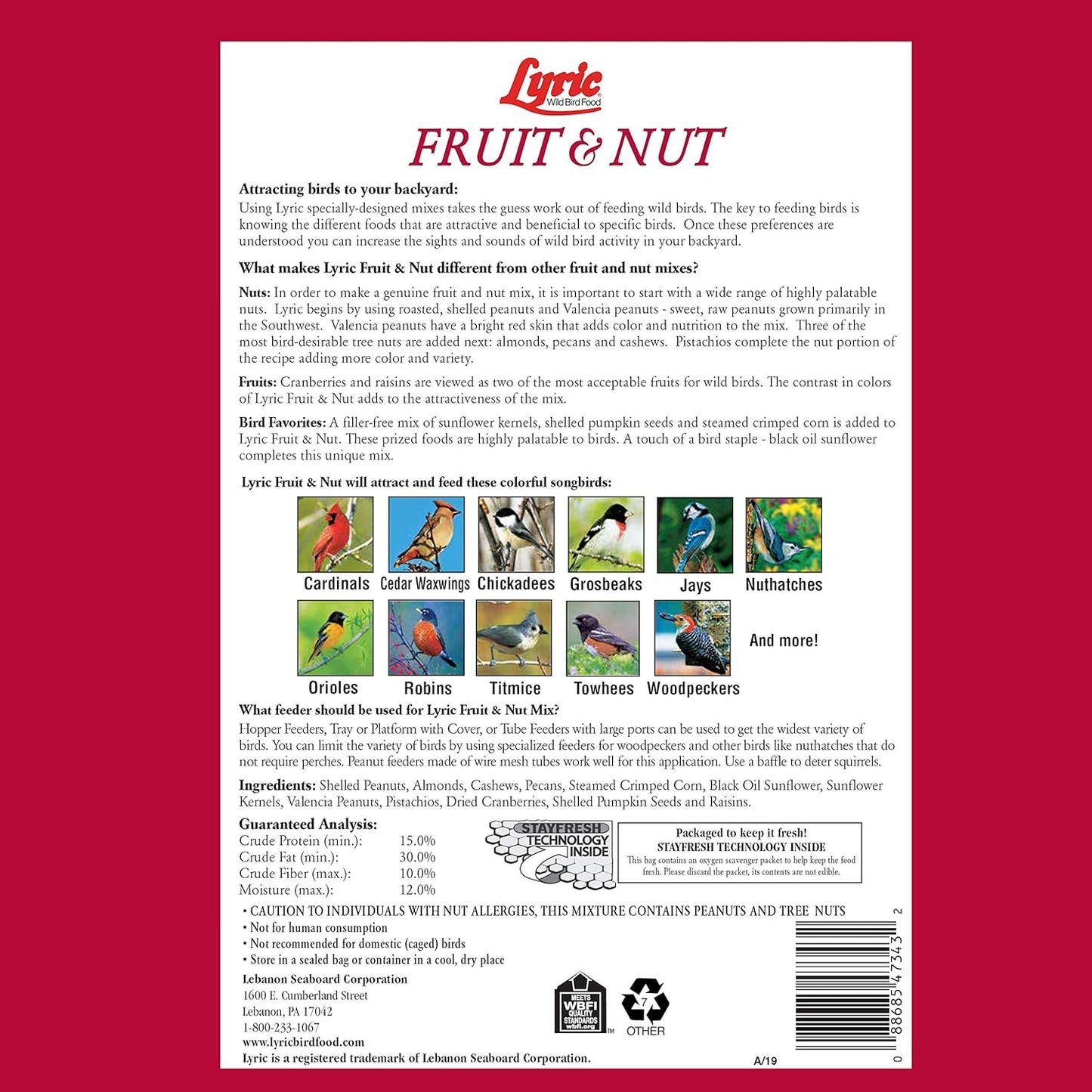 Lyric Fruit and Nut Wild Bird Seed - High Energy Wild Bird Food Mix - Attracts Woodpeckers, Chickadees & Other Songbirds - 20 lb bag