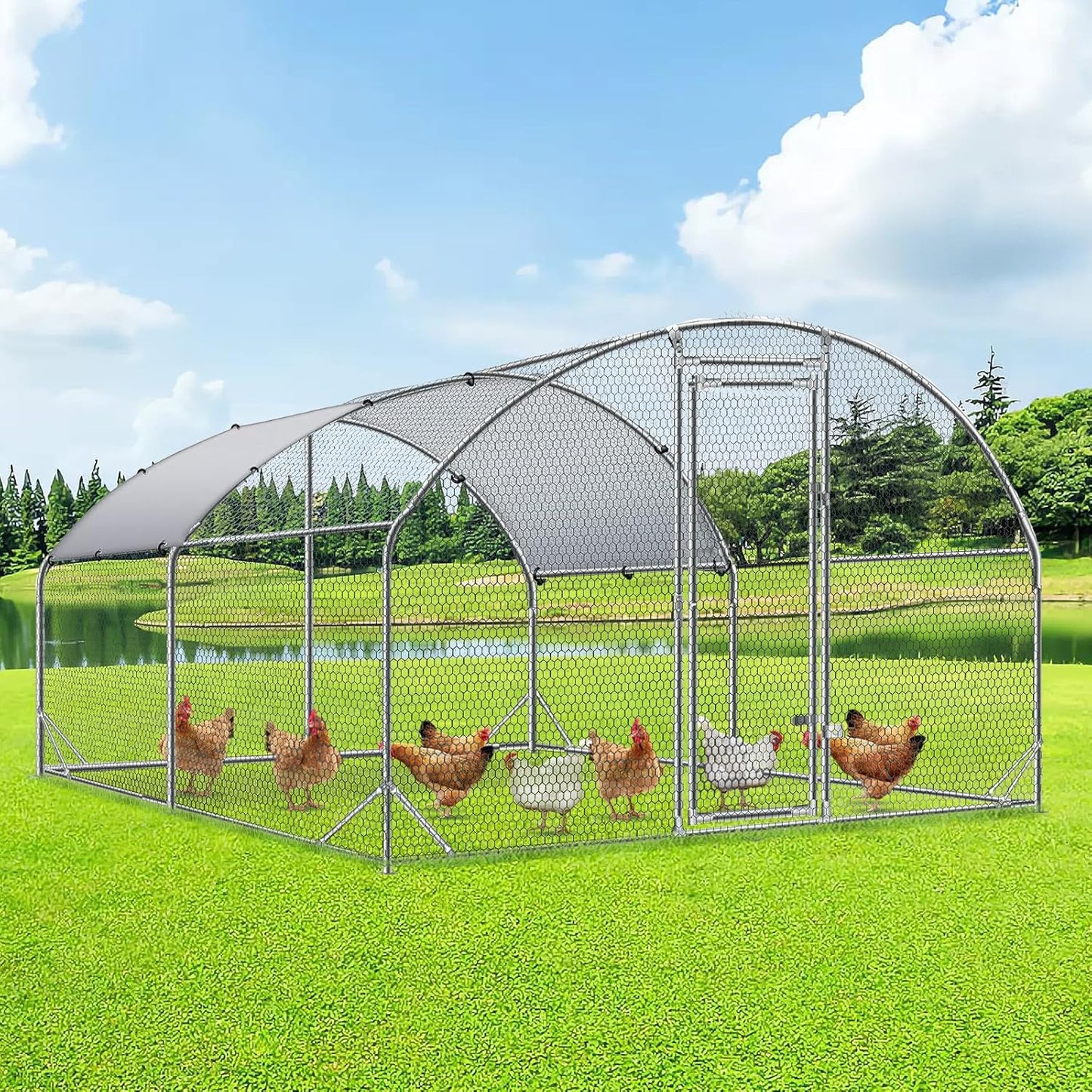 4ever2buy Large Metal Chicken Coop with Run Walk-in Poultry Cage Chicken Runs House Pen Cage Dome Roofed Chicken Coops with Anti-Ultraviolet Cover for Outdoor Yard Farm Use 9.5'W x 12.9'L x 6.3'H