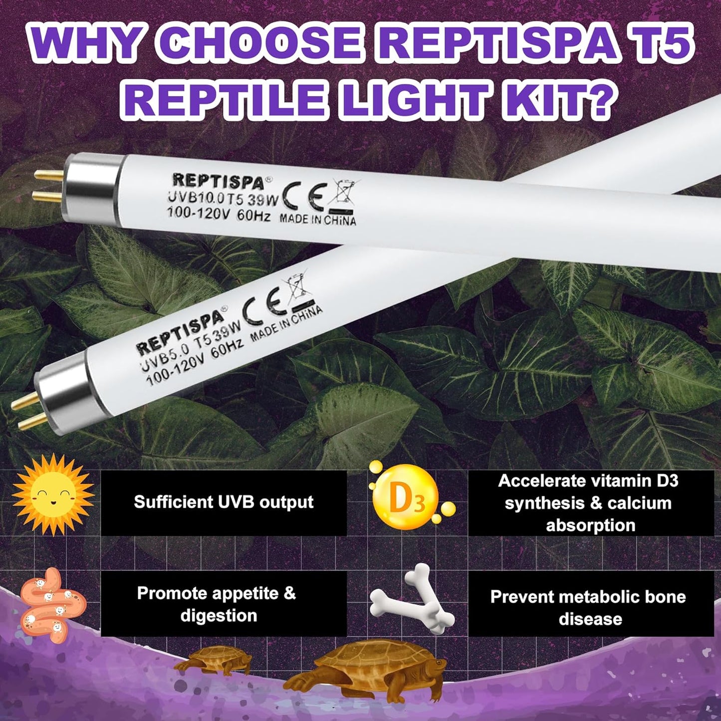 5.0 UVB Light for Reptiles, T5 HO 39 Watt Reptile Lamp Tube, Pack of 2 Fluorescent UVB Bulb, Basking Light for Bearded Dragon, Simulate Natural Sunlight for Reptiles and Amphibians