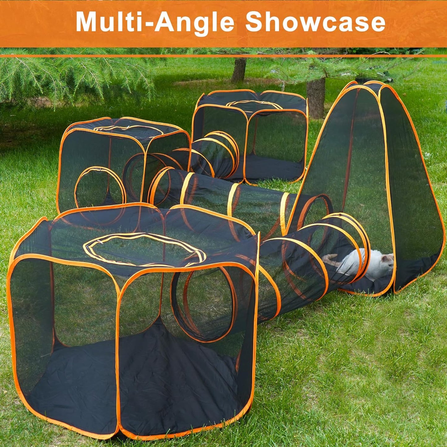 7 in 1 Outdoor Cat Enclosure, Foldable Pop-Up Mesh Playpen Tunnel for Pet Run, Foldable Outside Enclosed Tent Cage for Small Dogs, Rabbit and Other Animals