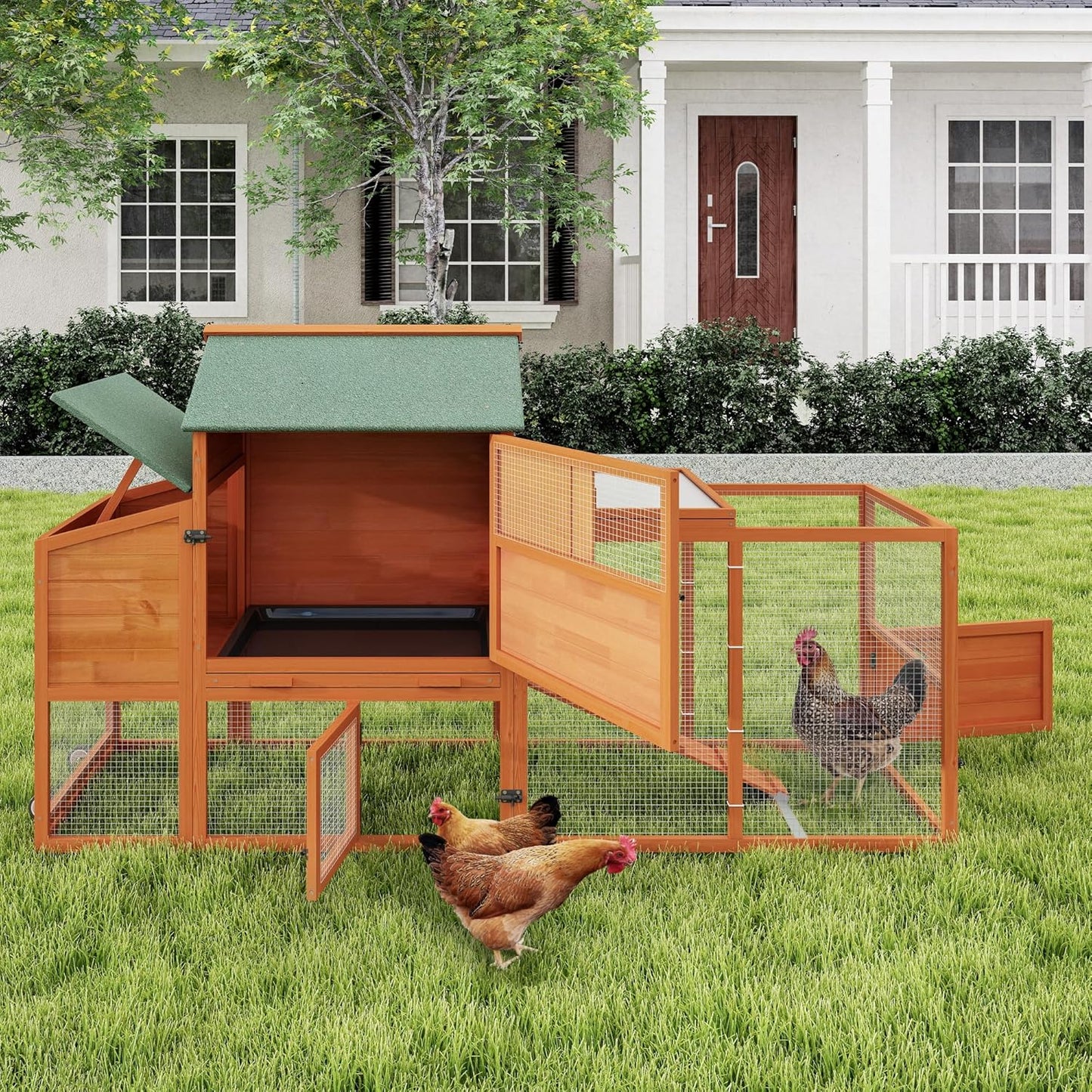 COZIWOW 82" Large Wooden Chicken Coop, Outdoor Rabbit Hutch with Wheels, Sunshine Board, Asphalt Roof, Ramp, Openable Top, Door, Window, Pull-Out Tray, Indoor Bunny Cage (Orange with Pattern)